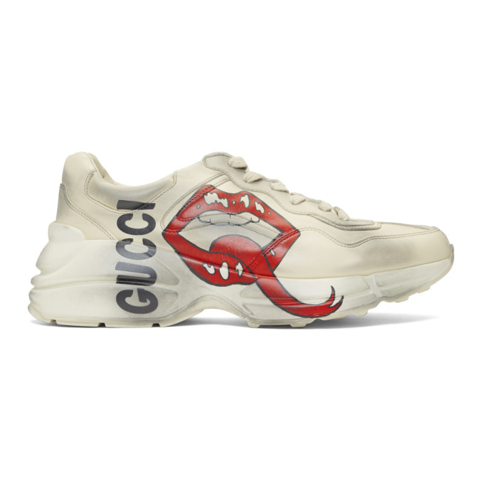 GUCCI White Mouth Print Rhyton Sneakers