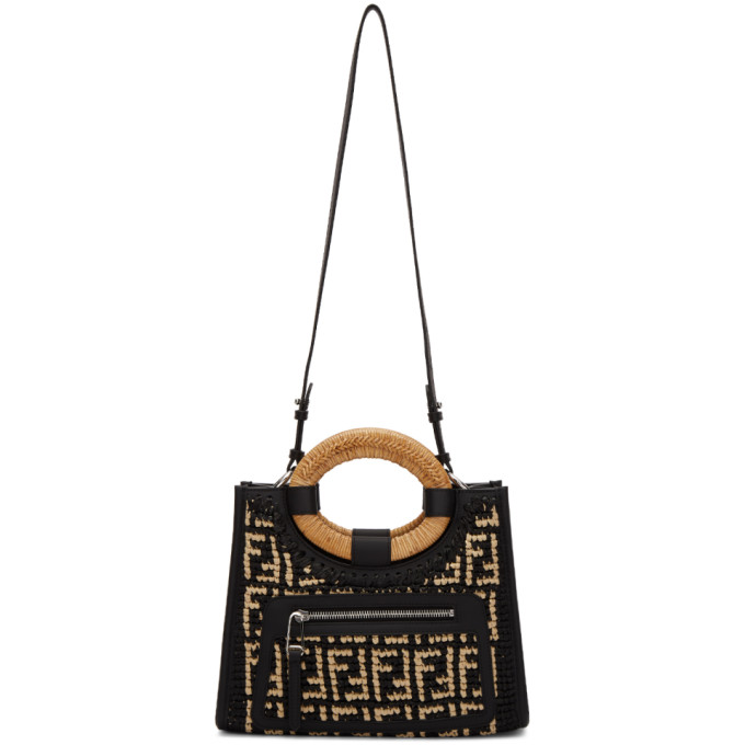 Small leather-trimmed woven raffia tote