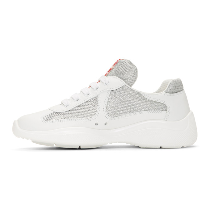 PRADA WHITE LEATHER & MESH SNEAKERS