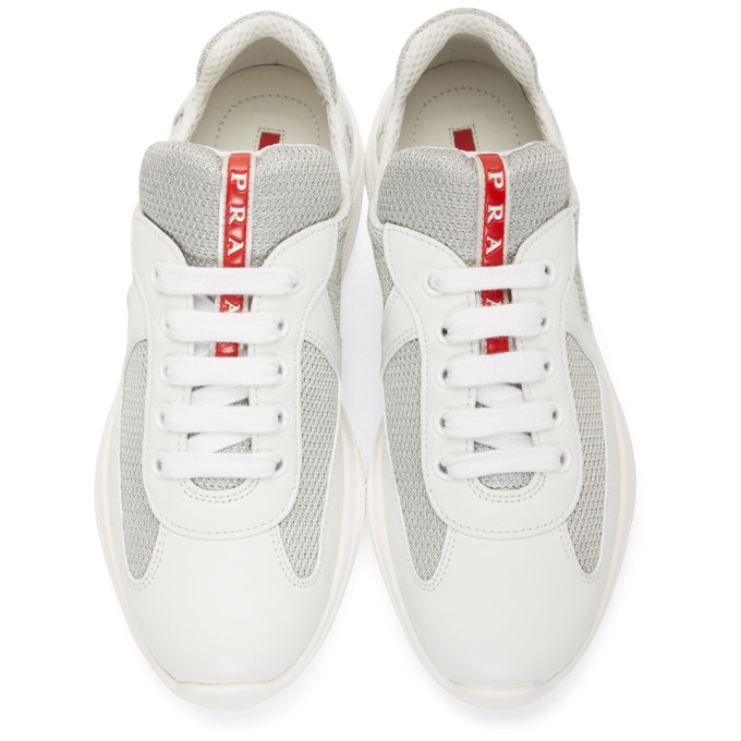 PRADA WHITE LEATHER & MESH SNEAKERS