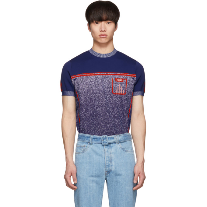 PRADA PRADA BLUE KNIT MILLED SHORT SLEEVE SWEATER
