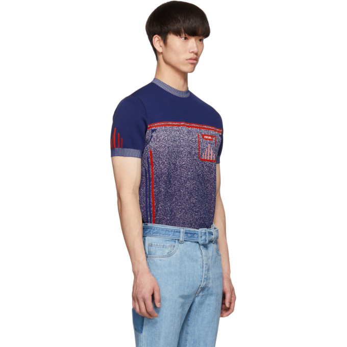 PRADA PRADA BLUE KNIT MILLED SHORT SLEEVE SWEATER