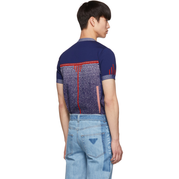 PRADA PRADA BLUE KNIT MILLED SHORT SLEEVE SWEATER