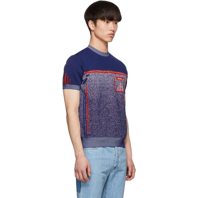 PRADA PRADA BLUE KNIT MILLED SHORT SLEEVE SWEATER