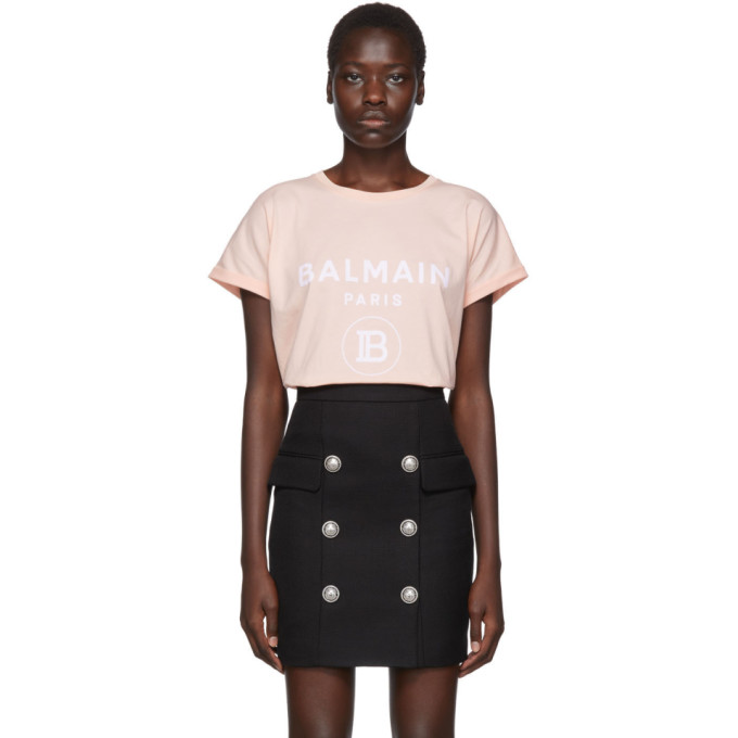 Click to view more detailed imagery on our partner's website Balmain Flocked Logo Cotton Jersey T-shirt In Oaj Rose/wh