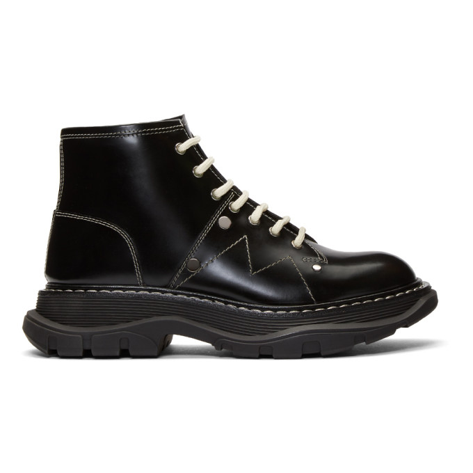 ALEXANDER MCQUEEN BLACK TREAD LACE-UP BOOTS