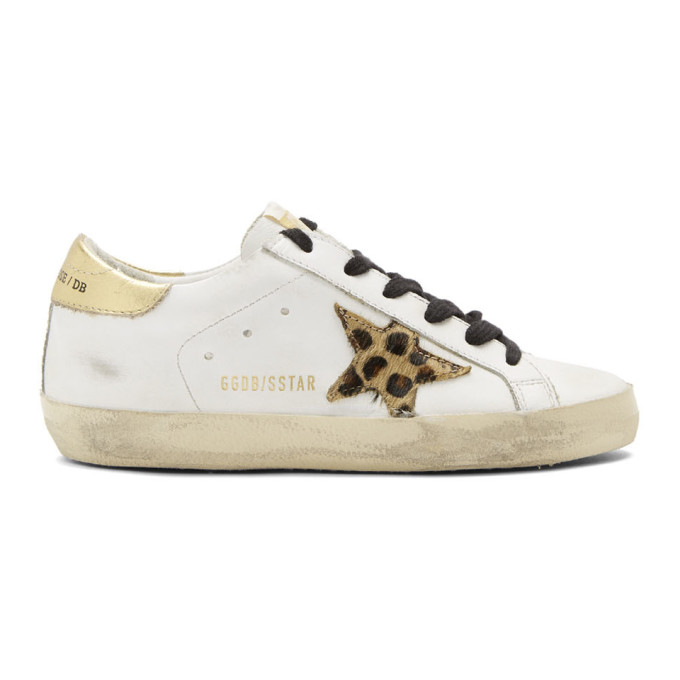 Golden Goose Superstar Distressed Leather And Leopard Print Calf Hair Sneakers In White Modesens