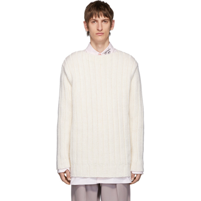 RAF SIMONS WHITE WOOL RIB KNIT SWEATER