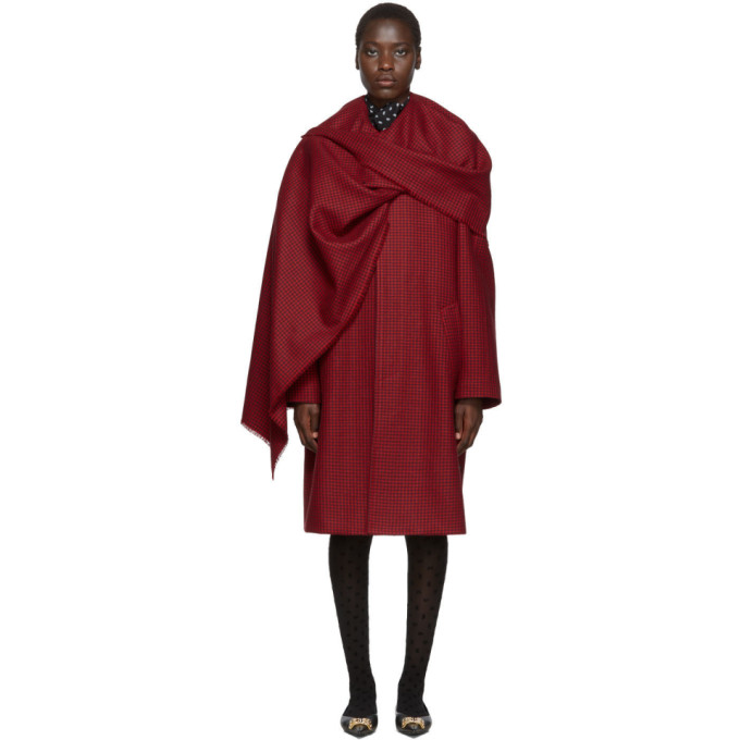 BALENCIAGA Red Houndstooth Scarf Coat