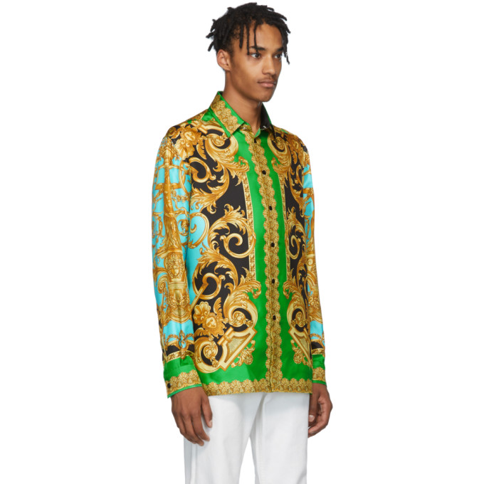 VERSACE VERSACE GREEN AND BLUE SILK BAROCCO HOMME SHIRT