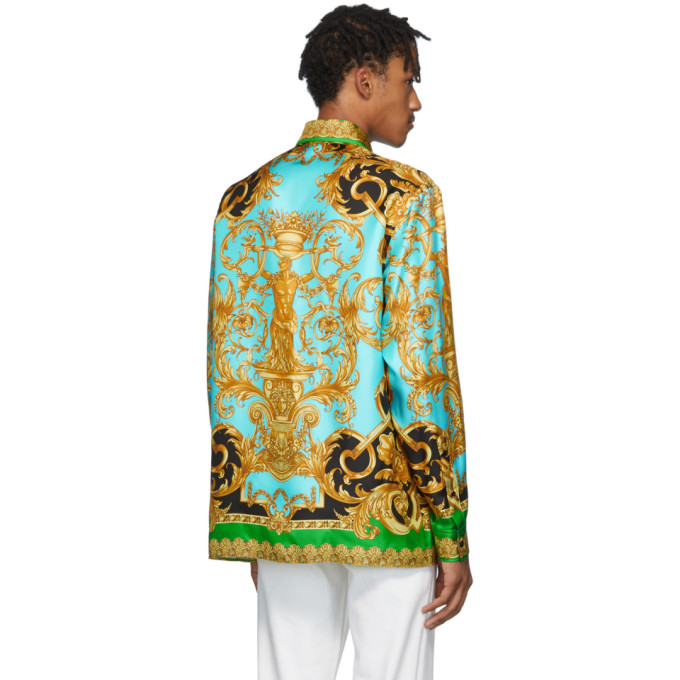VERSACE VERSACE GREEN AND BLUE SILK BAROCCO HOMME SHIRT