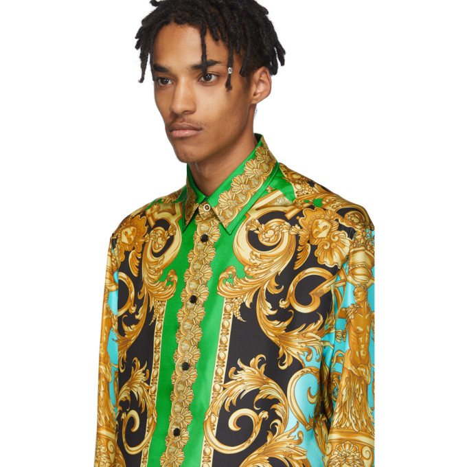 VERSACE VERSACE GREEN AND BLUE SILK BAROCCO HOMME SHIRT