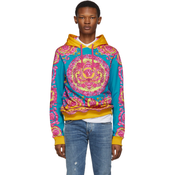 VERSACE ORANGE & BLUE BAROCCO HOODIE
