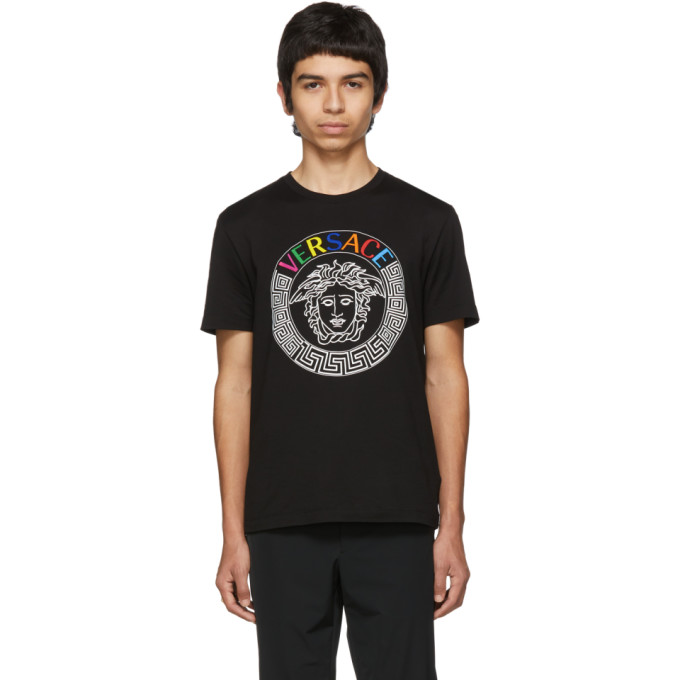 VERSACE BLACK RAINBOW EMBROIDERED T-SHIRT