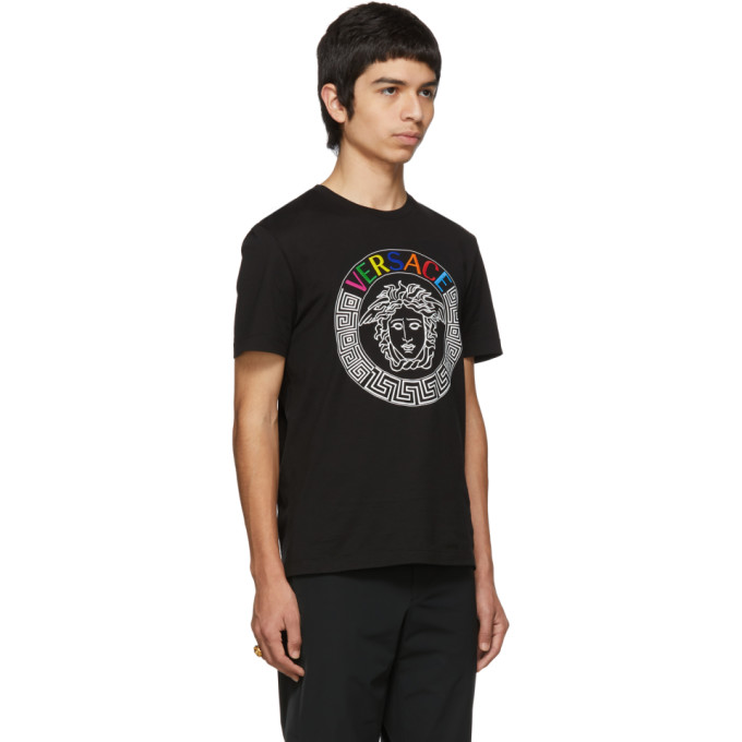 VERSACE BLACK RAINBOW EMBROIDERED T-SHIRT