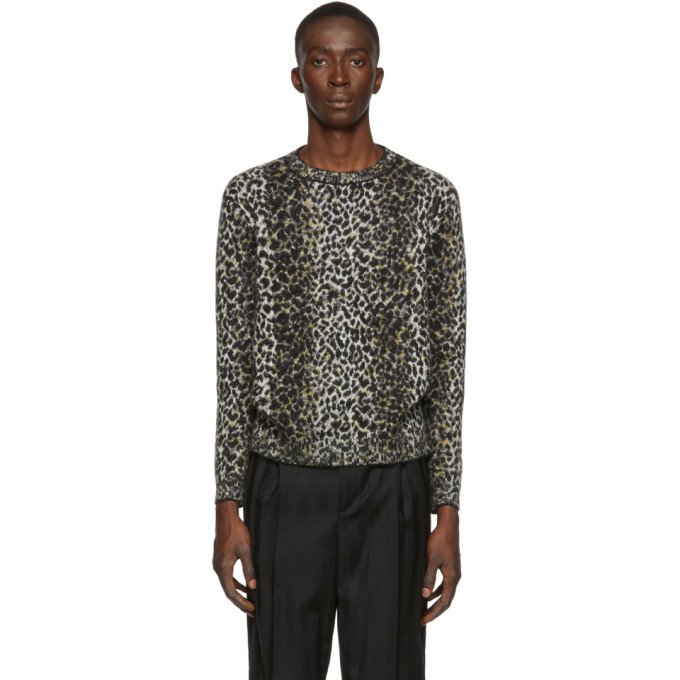 Click to view more detailed imagery on our partner's website Saint Laurent Wool Sweater With An Allover Leopard Jacquard In 9794 Beige Noir Marron