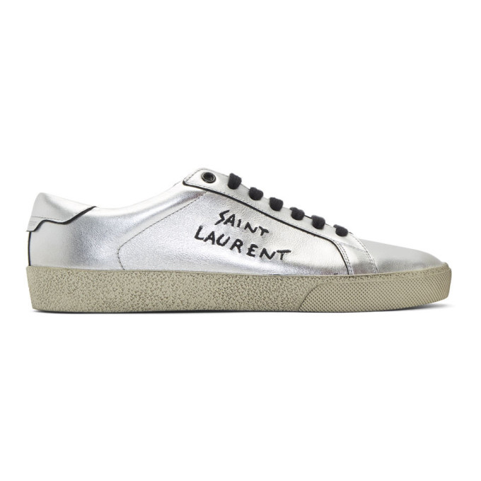 Click to view more detailed imagery on our partner's website Saint Laurent Court Classic Sl/06 Embroidered Sneakers In Used-Look Metallic Leather In 8163 -Argento+Nero