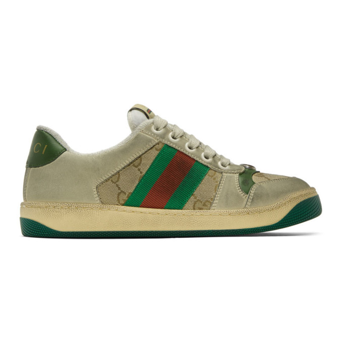Click to view more detailed imagery on our partner's website Gucci Screener Embellished Canvas-trimmed Distressed Leather Sneakers In Green