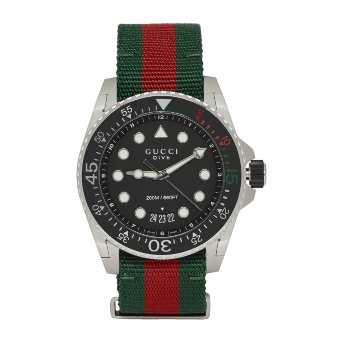 Click to view more detailed imagery on our partner's website Gucci Green, Red And Metallic Silver Dive 45 Mm Steel Watch In Silvergreen