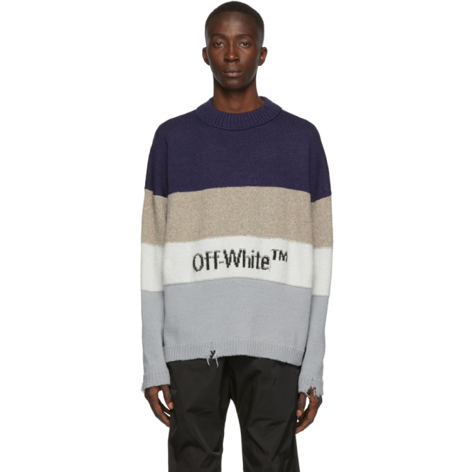 Click to view more detailed imagery on our partner's website Off-White Distressed Striped Wool-Blend Sweater In Blu Blk