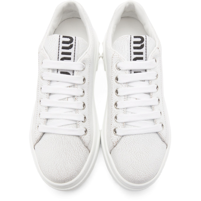 MIU MIU MIU MIU WHITE CRYSTAL CRACKLE PLATFORM SNEAKERS