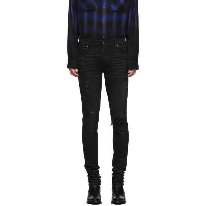 Amiri Black Paint Military Patch Jeans In Rough Black | ModeSens