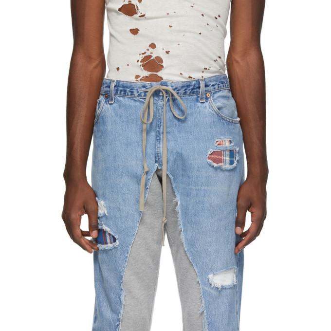 GREG LAUREN GREG LAUREN BLUE AND GREY 50/50 DENIM/TERRY JEANS