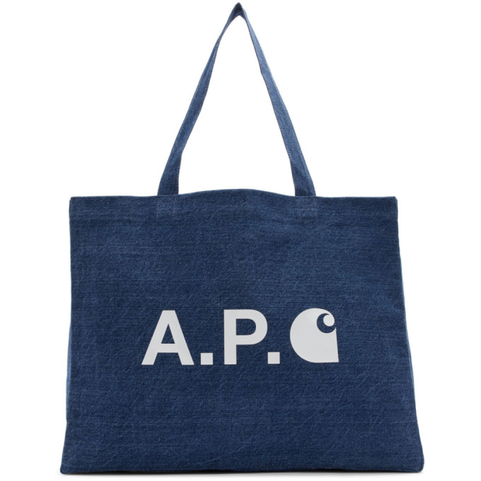 A P C Carhartt Wip Logo Print Denim Tote Bag In Coedz M6143