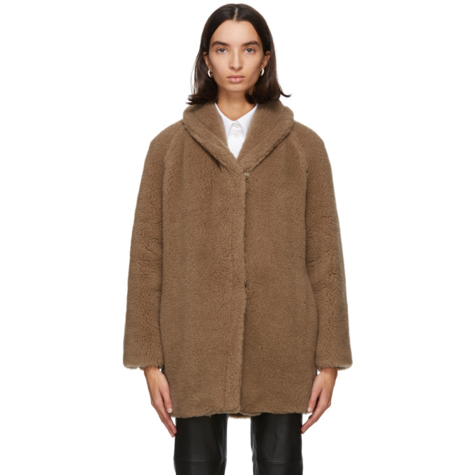 MAX MARA TAN WOOL & SILK TEDDY COAT