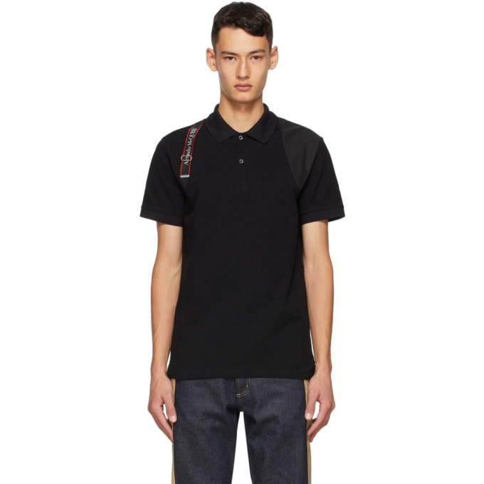 Click to view more detailed imagery on our partner's website Alexander Mcqueen Men's Logo Tape Harness Polo Shirt In 1000 Black