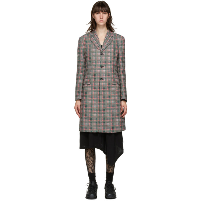 COMME DES GARÇONS HOMME DEUX PINK & GREEN CHECK BACK CUT-OUT COAT