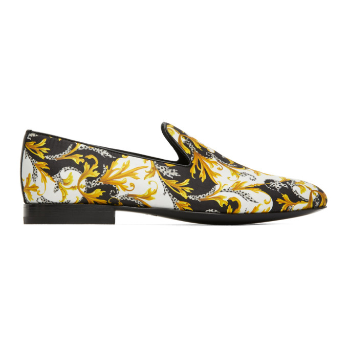 Click to view more detailed imagery on our partner's website Versace White Multicoloured Baroque Print Silk Loafers In Dbn9 White
