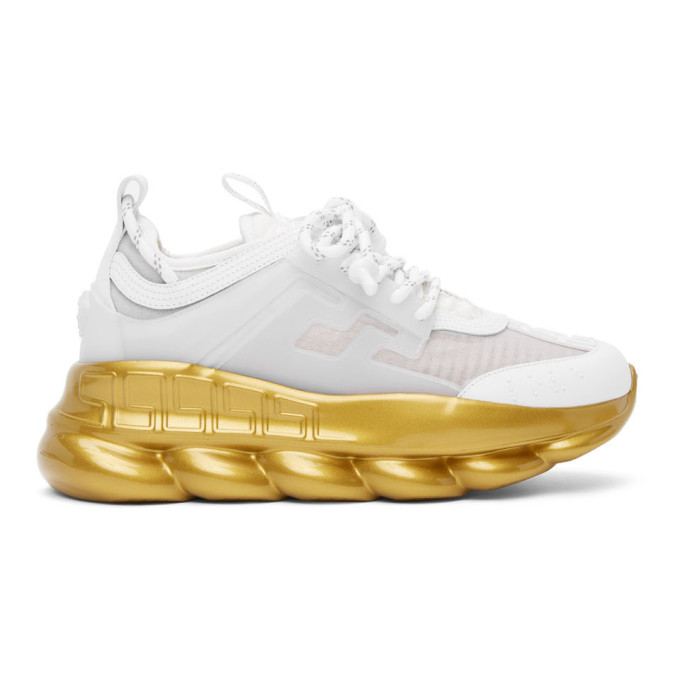 Click to view more detailed imagery on our partner's website Versace Men's Chain Reaction Metallic Colorblock Sneakers In D01o White