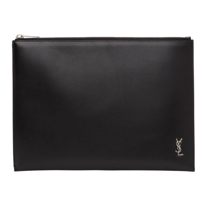 Click to view more detailed imagery on our partner's website Saint Laurent Black & Silver Tiny Monogram Tablet Pouch In 1000 Nero