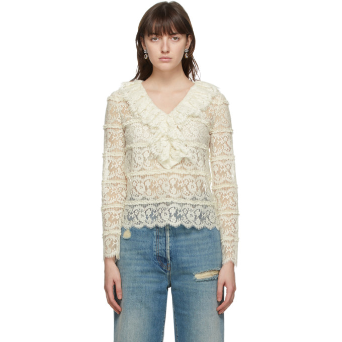 Click to view more detailed imagery on our partner's website Gucci Women's Ruffle Neck Floral Lace Blouse In 9200 Ivory