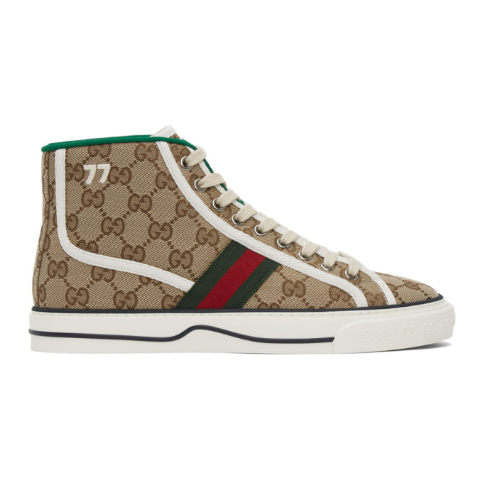 Click to view more detailed imagery on our partner's website Gucci Tennis 1977 Logo-embroidered Printed Canvas High-top Sneakers In 9765 Beige