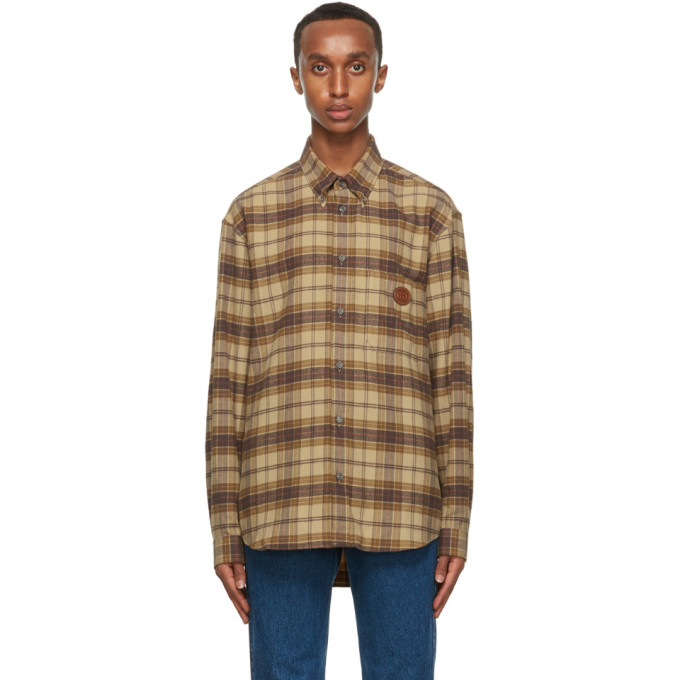 Click to view more detailed imagery on our partner's website Gucci Plaid Logo Leather Patch Flannel Button-down Shirt In Brown