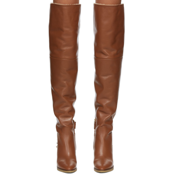 VALENTINO GARAVANI VALENTINO TAN VALENTINO GARAVANI SHEARLING THIGH-HIGH BOOTS