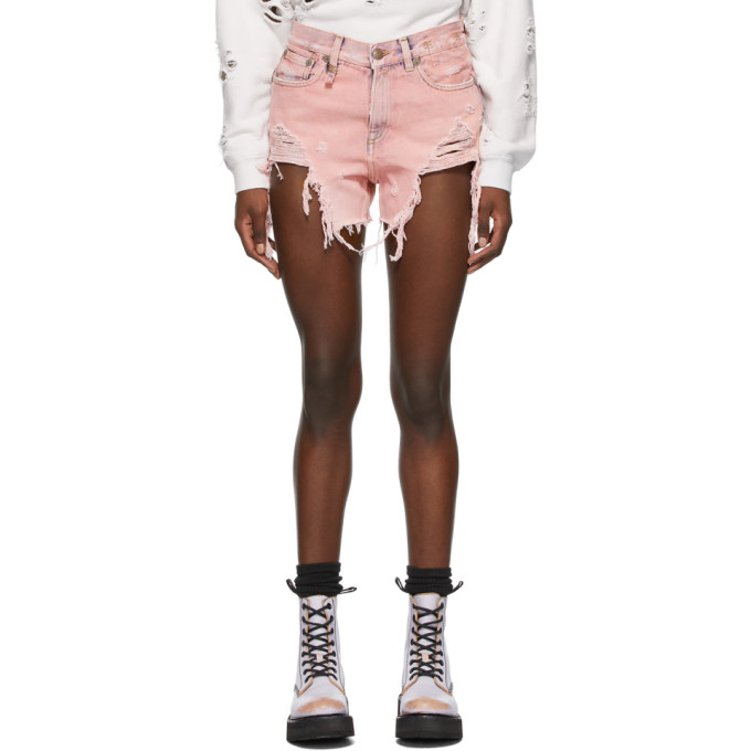 R13 PINK DENIM SHREDDED SLOUCH SHORTS