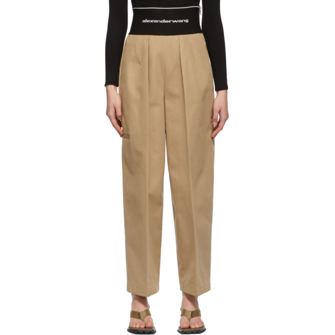 ALEXANDER WANG BEIGE LOGO ELASTIC CARROT TROUSERS