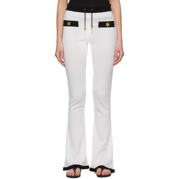 BALMAIN WHITE & BLACK JACQUARD MONOGRAM BOOTCUT LOUNGE PANTS