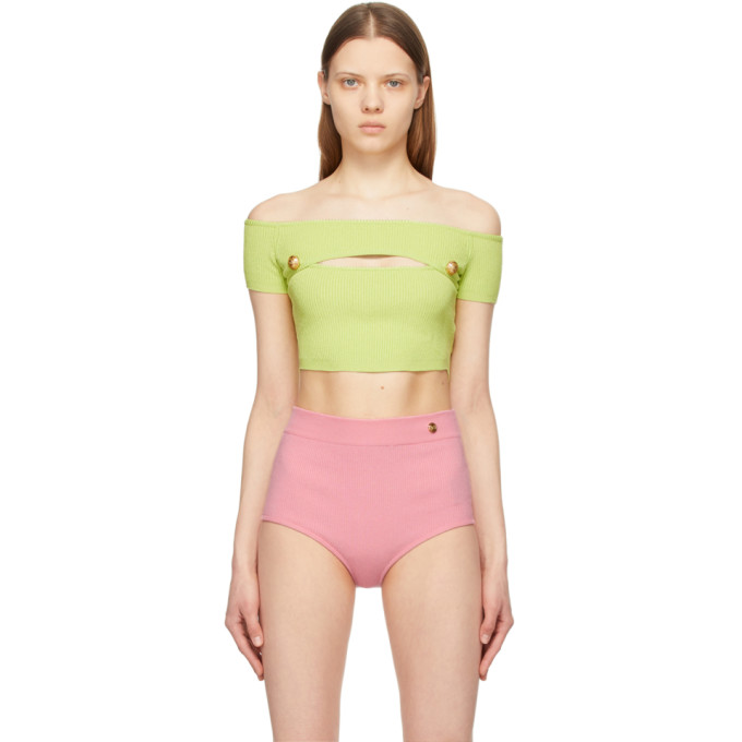 BALMAIN GREEN OFF-THE-SHOULDER CROPPED TANK TOP