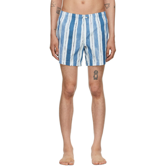 ERMENEGILDO ZEGNA BLUE & WHITE STRIPED MID SWIM SHORTS