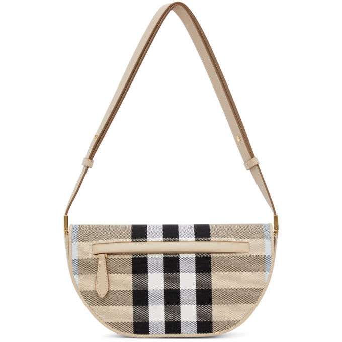 Burberry Small Olympia Vintage Check Canvas Saddle Bag In Beige,black,light Blue