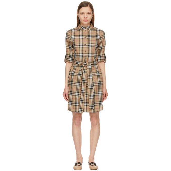 Click to view more detailed imagery on our partner's website Burberry + Net Sustain Belted Checked Cotton-blend Poplin Mini Shirt Dress In Brown
