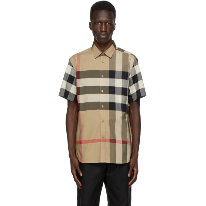 Click to view more detailed imagery on our partner's website Burberry Beige Poplin Check Stretch Short Sleeve Shirt In Archive Bei