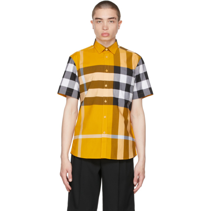 Burberry Yellow Check Stretch Poplin Short Sleeve Shirt | ModeSens