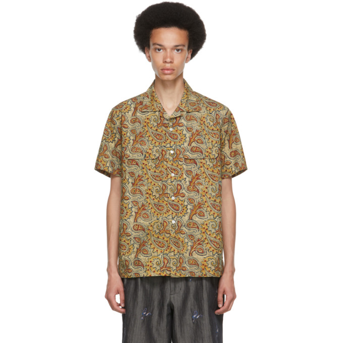 BEAMS BEIGE BLOCK PRINT OPEN COLLAR SHORT SLEEVE SHIRT