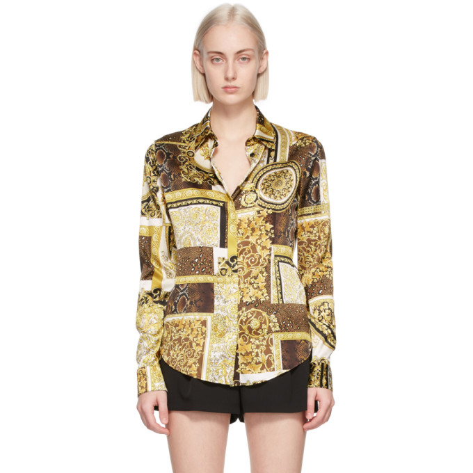 Click to view more detailed imagery on our partner's website Versace Brown & Gold Silk Barocco Patchwork Shirt In 5n030 Gold