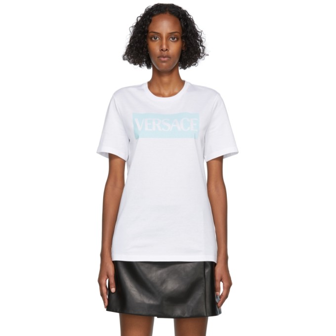 VERSACE WHITE & BLUE FLOCKED LOGO T-SHIRT